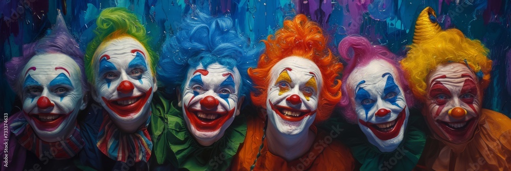 Kind funny clowns in makeup and colorful wigs and with a red nose Kind funny clowns in makeup and colorful wigs and with a red nose