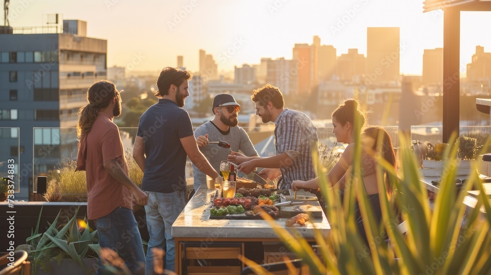 A group of friends enjoying a rooftop barbecue in an urban setting, city skyline in the background, casual and fun atmosphere. Resplendent.