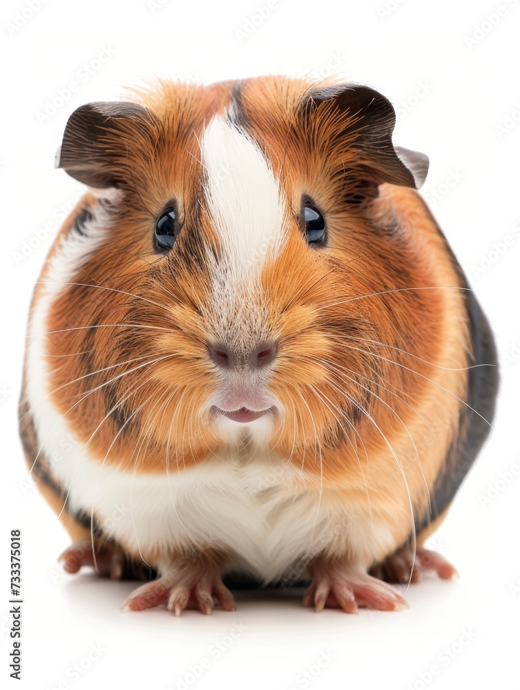 Close-up of a multi-colored guinea pig looking forward with curiosity, isolated on a white background. Close-up of a multi-colored guinea pig looking forward with curiosity, isolated on a white background.