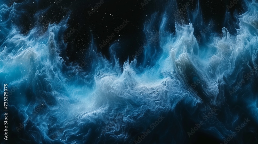 Cosmic trails of starry silver and nebula blue merging in a celestial dance, creating a mesmerizing and enigmatic abstract universe on a canvas of deep black. 