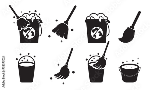 Floor mop icons. Cleaning Mop And Bucket symbol. Cleaning service signs, vector illustration