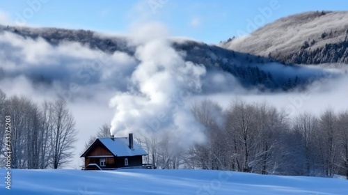 Serene winter landscape with a cozy cabin emitting smoke, surrounded by snow-covered trees and a misty valley. 
