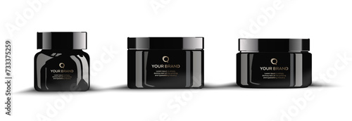 Simple Blank Black Plastic Cosmetic Bottles with golden logo Set. Vector illustration