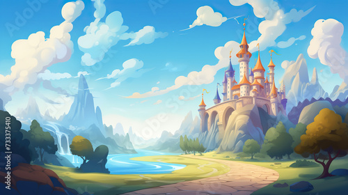 cartoon landscape art with castle mountains and clouds