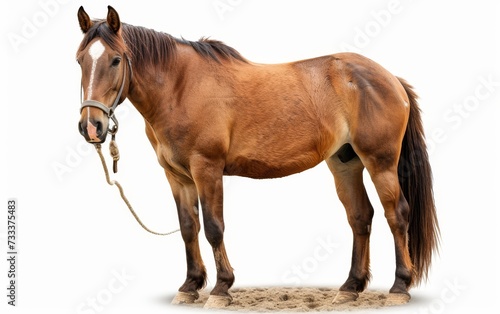Majestic bay horse with a white blaze  standing isolated on white background.