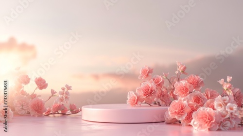 Wallpaper Mural Serene Pink Floral Display on Podium Against Sunset - Ideal for Beauty and Tranquility Concepts Torontodigital.ca