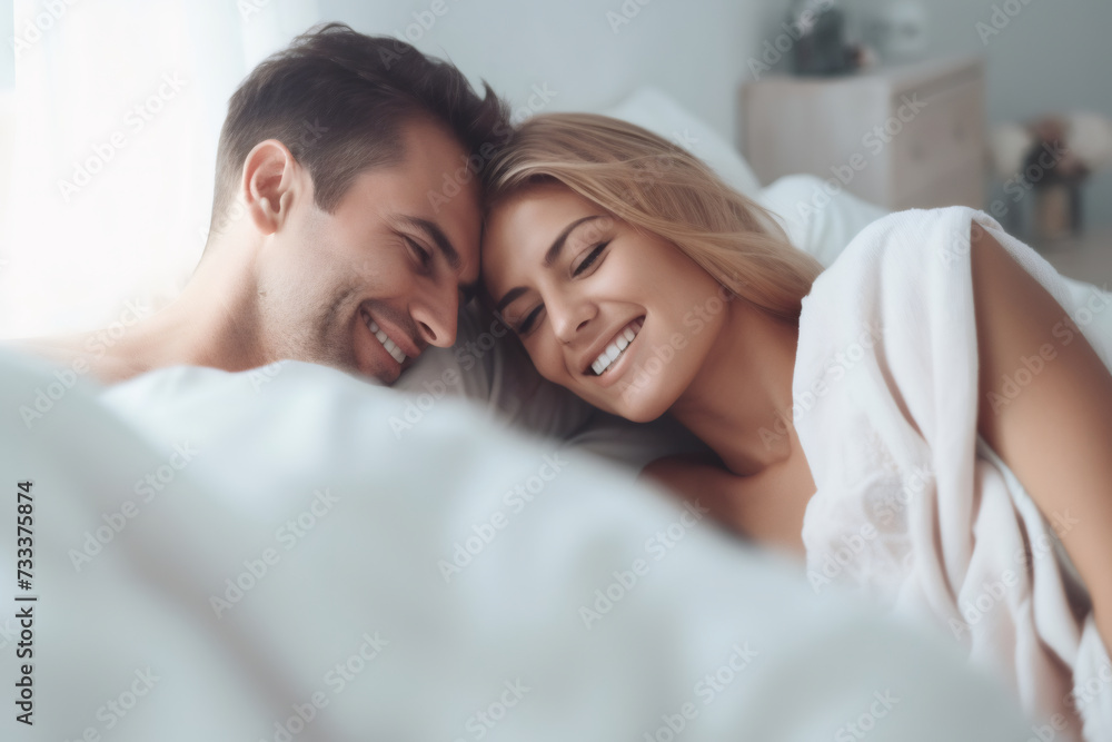 Happy couple, hug in bed and love with cuddle and romance at home for relationship, smile and bonding. Young people, woman and man relax in bedroom, intimacy and laughing with kiss and talk together Happy couple, hug in bed and love with cuddle and romance at home for relationship, smile and bonding. Young people, woman and man relax in bedroom, intimacy and laughing with kiss and talk together