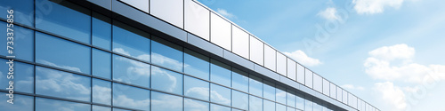 Building facade and large windows against a blue sky