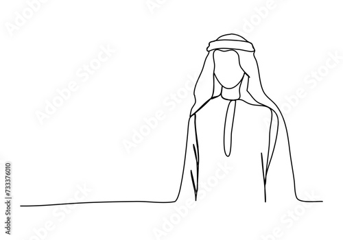 Muslim man in arabian clothes, one line drawing vector illustration.