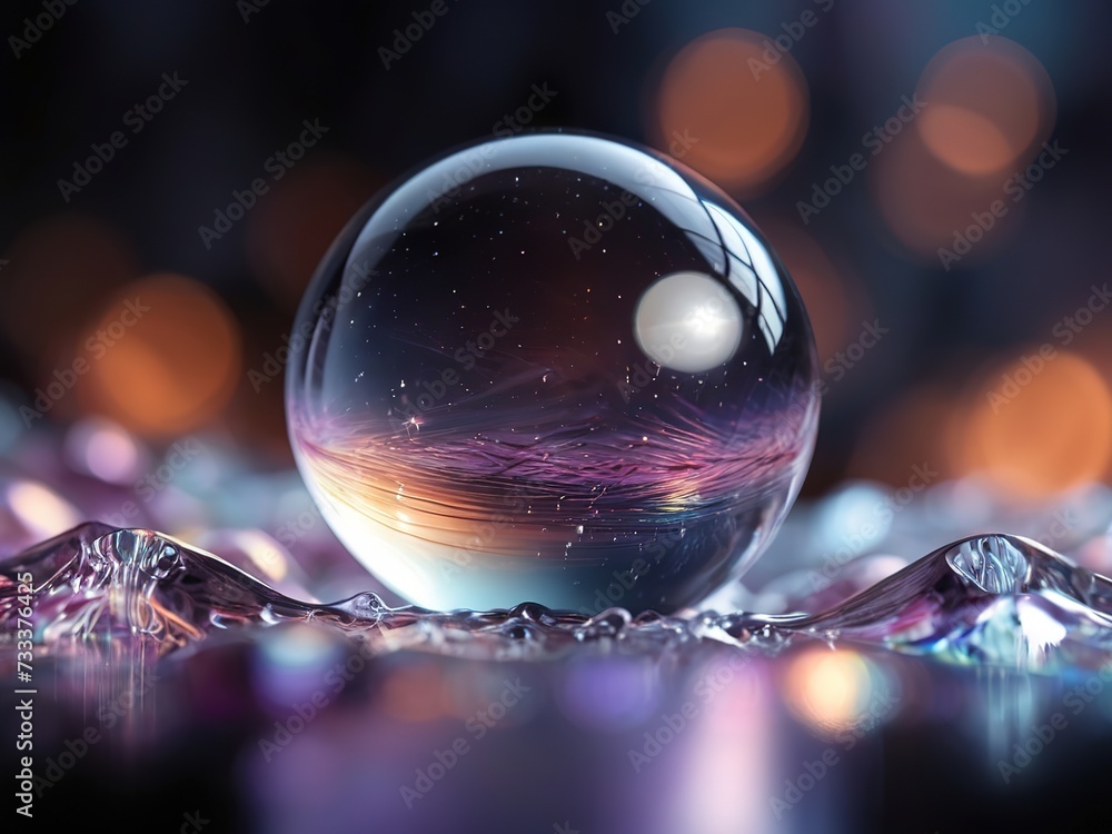Crystal ball on water surface with bokeh background Crystal ball on water surface with bokeh background