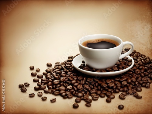 Coffee cup and coffee beans on old paper background with copy space