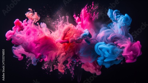 Dynamic bursts of electric magenta and cosmic teal in fluid motion, crafting a vibrant and captivating abstract expression on a background of deep ink black. 