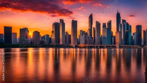 Wallpaper Mural Colorful sunset over urban skyline with skyscrapers and river. Torontodigital.ca