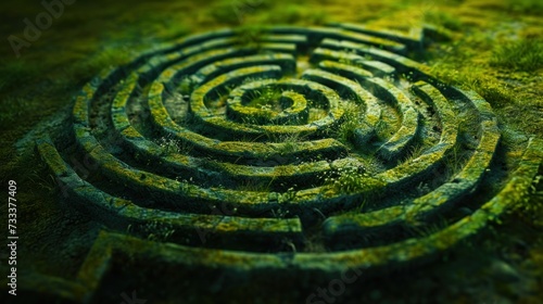 Drone point of view of grass labyrinth on field. Landscape with beautiful textures in the background