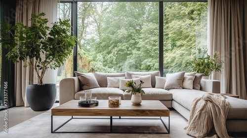 Nowoczesny przytulny salon z kanapą sofą zasłonami i domowymi roślinami © VILKTERIO