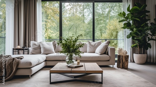 Nowoczesny przytulny salon z kanapą sofą zasłonami i domowymi roślinami photo