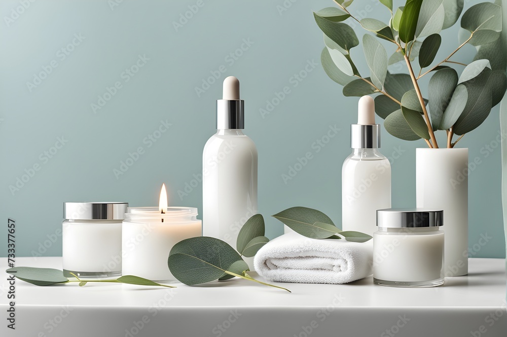 Eucalyptus spa products on a white table for relaxation. Eucalyptus spa products on a white table for relaxation.