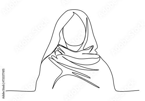 Woman in a headscarf, one line drawing vector illustration.