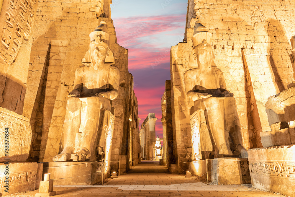 Luxor temple, first pylon ruins, night illumination, Egypt
