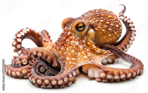 Full body display of an octopus with its arms spread out, isolated on a white background.