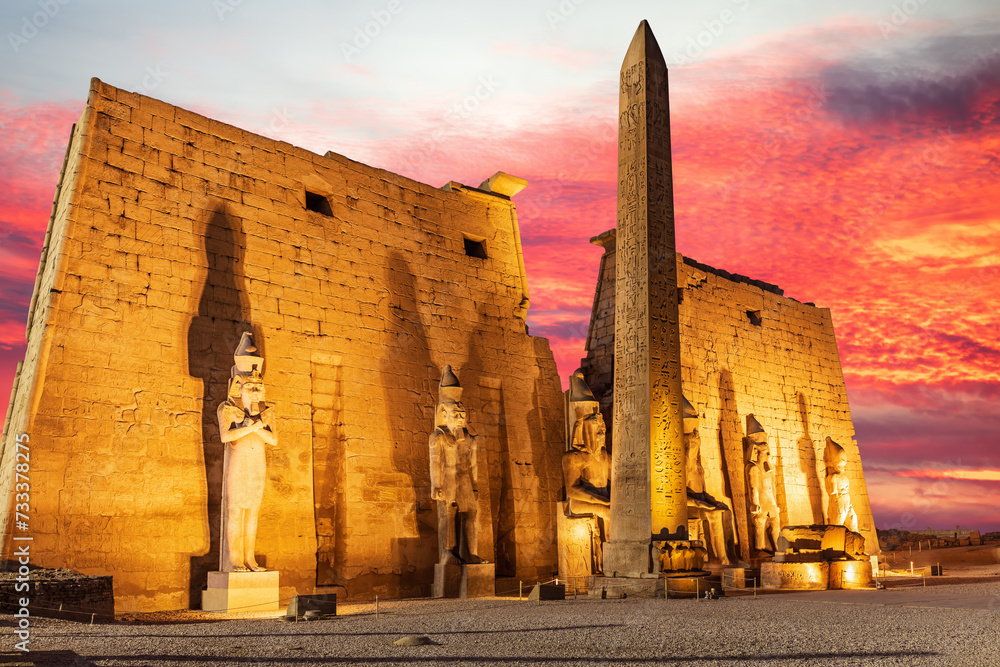 Luxor Temple entrance, first pylon with obelisk, sunset, Egypt