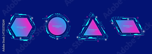 Set of abstract technology template future geometric shapes in cyberpunk style.Vector stock illustration.