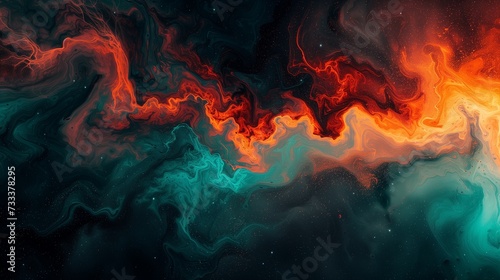 Dynamic sweeps of fiery vermilion and midnight teal blending seamlessly, creating a vibrant and energetic abstract display on a canvas painted in deep cosmic black. 