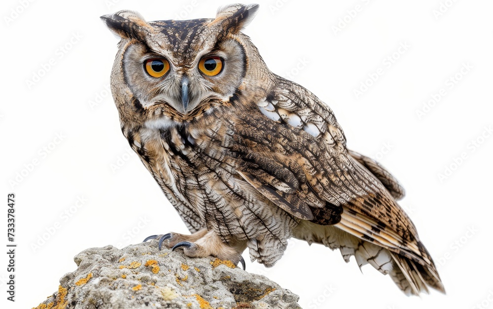 Close-up portrait of a Great Horned Owl with piercing eyes, isolated on white. Close-up portrait of a Great Horned Owl with piercing eyes, isolated on white.
