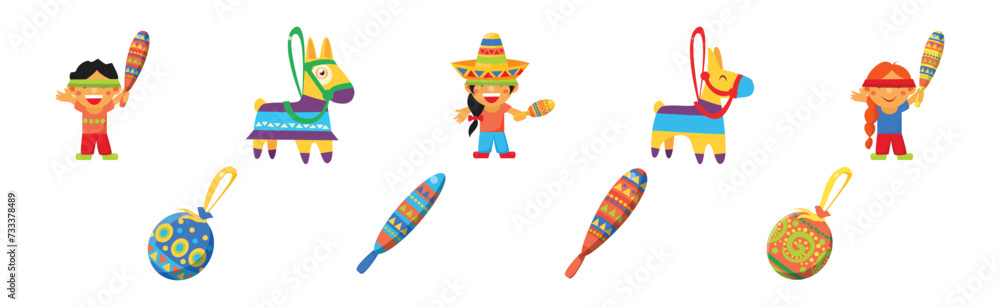 Mexican Boy and Girl at Holiday Celebration Breaking Traditional Pinata Toy Vector Set Mexican Boy and Girl at Holiday Celebration Breaking Traditional Pinata Toy Vector Set