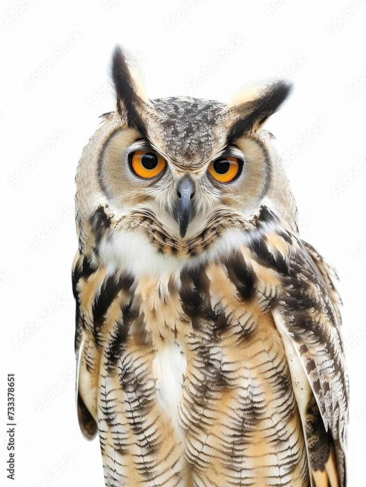 Close-up portrait of a Great Horned Owl with piercing eyes, isolated on white. Close-up portrait of a Great Horned Owl with piercing eyes, isolated on white.