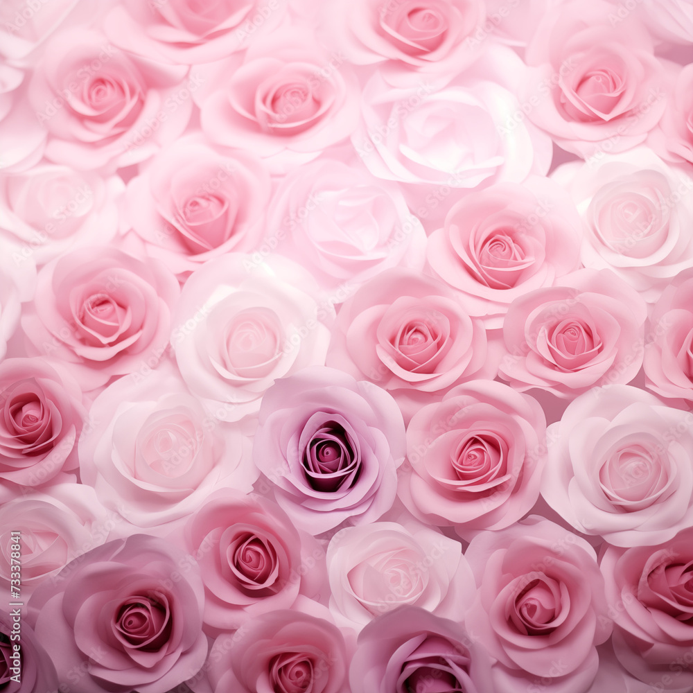 An array of delicate pink roses in varying shades, forming a romantic and soft floral background..
