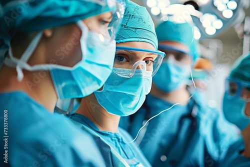 A team of healthcare workers dressed in scrubs, masks, and goggles stand in a sterile operating room, surrounded by medical equipment and surgical instruments, ready to perform a life-saving procedur