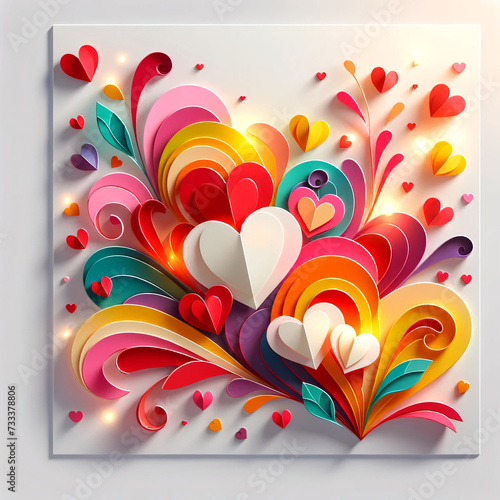 Vibrant 3D Paper Hearts and Swirls Artwork