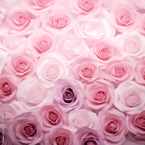 An array of delicate pink roses in varying shades  forming a romantic and soft floral background..