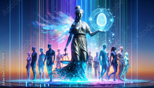 Futuristic Y2K-inspired image of Lady Justice holding AI neural network, surrounded by diverse silhouettes engaged in civic activities.