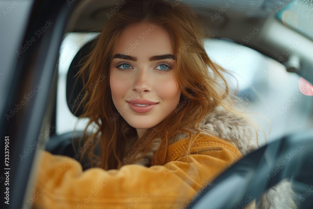 A confident lady with long brown hair gazes at her reflection in the car mirror, her portrait capturing the essence of a modern woman on the move