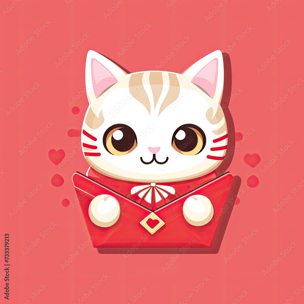 Fototapeta premium chibi cat isolated on a red lucky envelope, flat logo, red background 