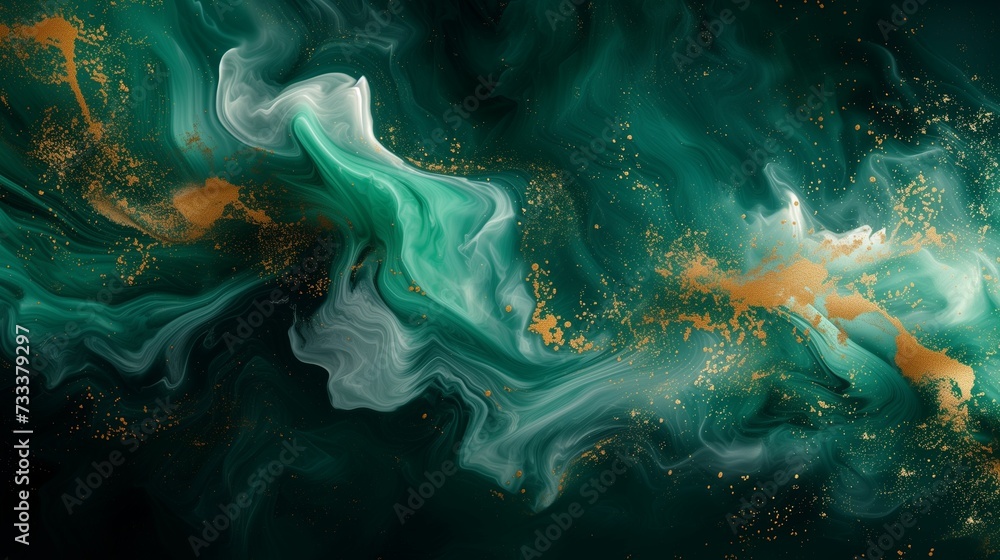 Dynamic swirls of vibrant emerald and molten bronze converging in an intricate dance, creating a modern and energetic abstract artwork on a background of deep ink black. 