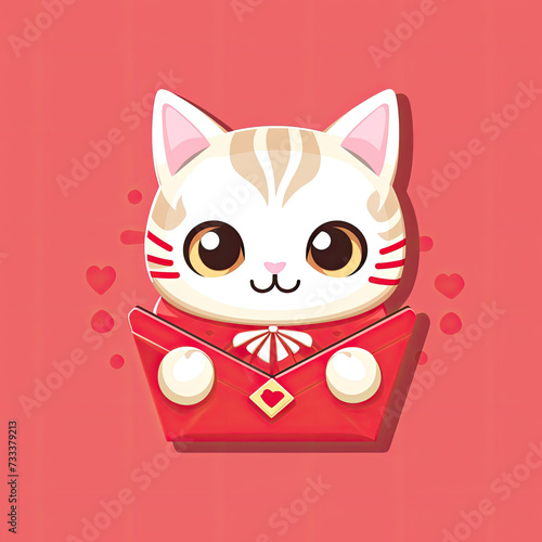 chibi cat isolated on a red lucky envelope, flat logo, red background 