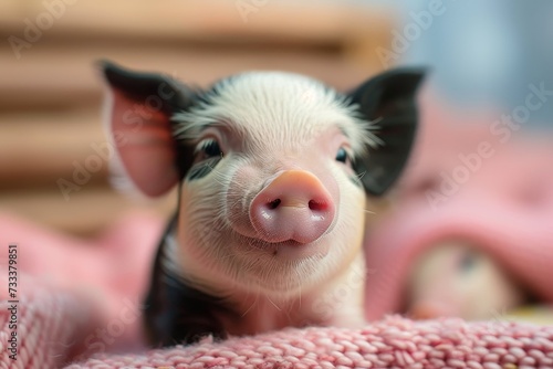A curious domestic piglet snuggles up under a warm blanket indoors, showcasing its distinctive suidae features in a close-up shot that captures the playful and endearing nature of this adorable mamma photo