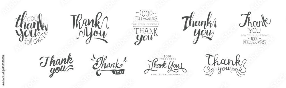 Thank You Lettering and Typography Inscription Vector Set - obrazy, fototapety, plakaty 