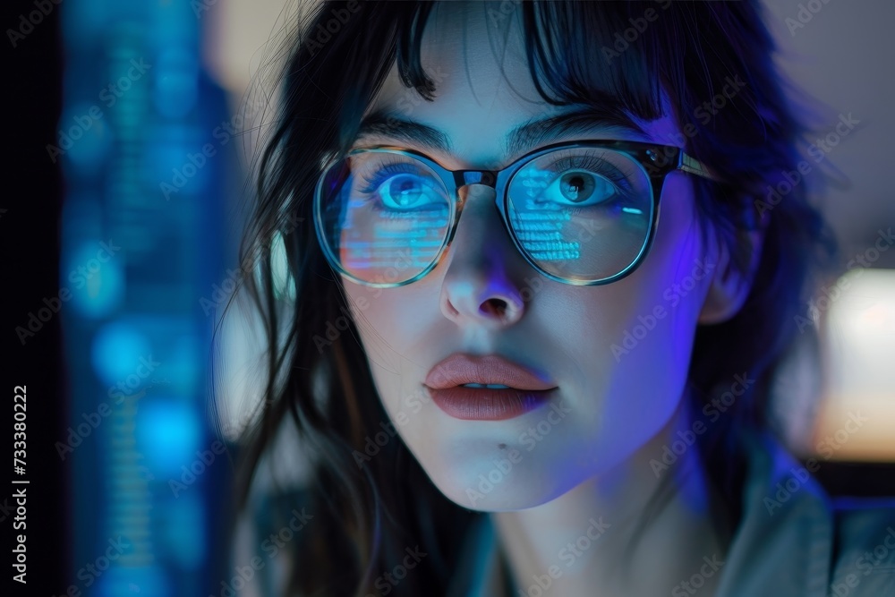 A bespectacled woman's piercing gaze, framed by her stylish glasses, exudes intelligence and sophistication as she confidently faces the world A bespectacled woman's piercing gaze, framed by her stylish glasses, exudes intelligence and sophistication as she confidently faces the world