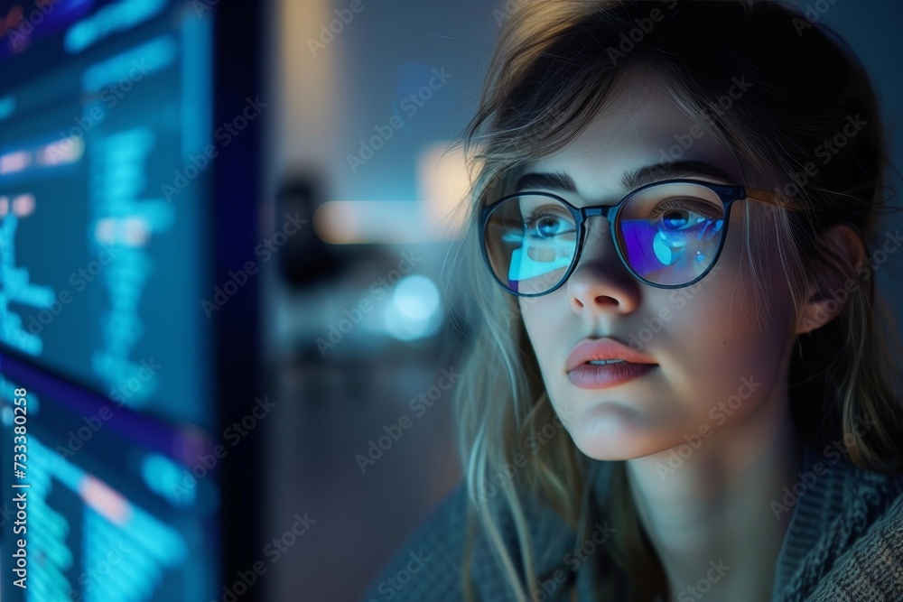 A thoughtful woman exudes confidence as she dons her stylish glasses, embodying both fashion and function in her indoor portrait A thoughtful woman exudes confidence as she dons her stylish glasses, embodying both fashion and function in her indoor portrait