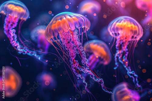 Jellyfish on the ocean floor. Undersea world. Generative AI © Tetiana