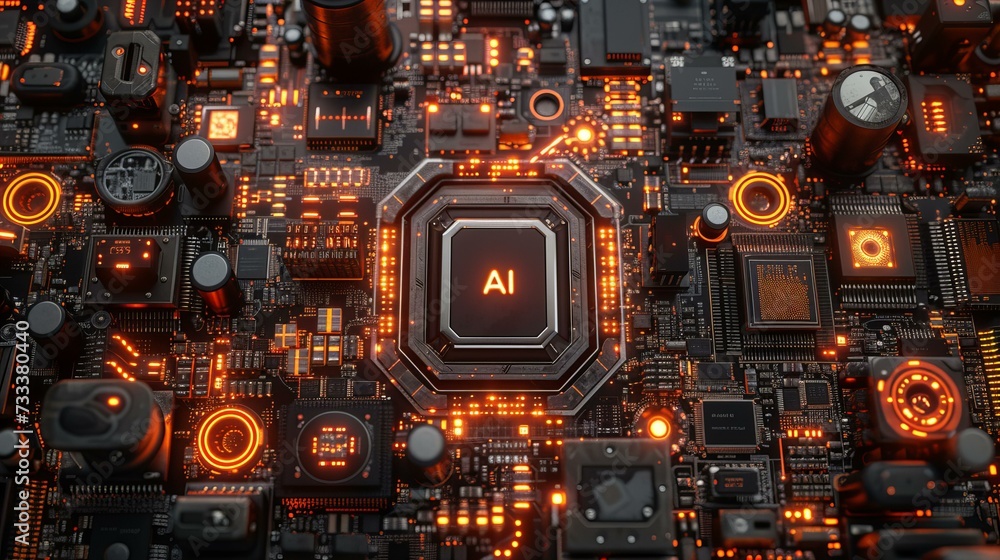 a closeup of a circuit board and some fluorescent lights, with AI letters, in the style of artificial environments