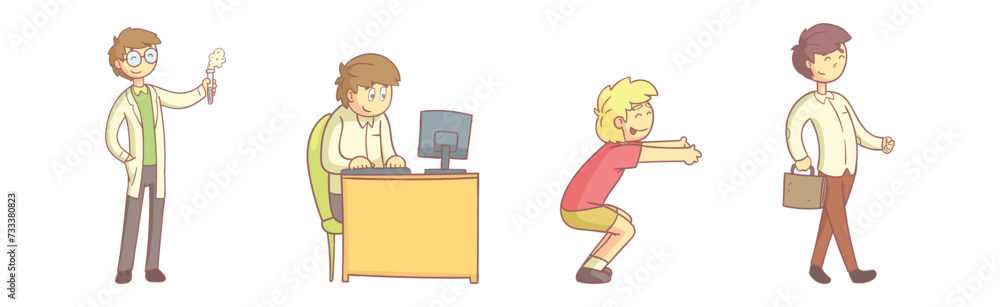 Young Man Character Engaged in Different Activity Vector Set Young Man Character Engaged in Different Activity Vector Set