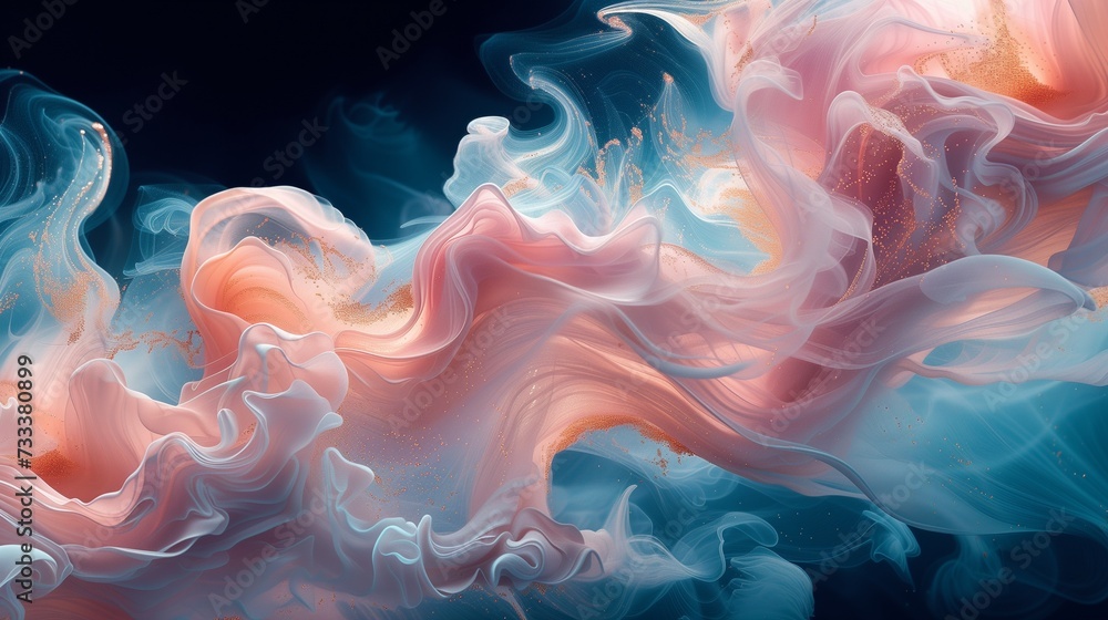 Ethereal tendrils of rose gold and cerulean blue entwining gracefully, forming an intricate and delicate abstract artwork against a backdrop of mysterious black.  - obrazy, fototapety, plakaty 