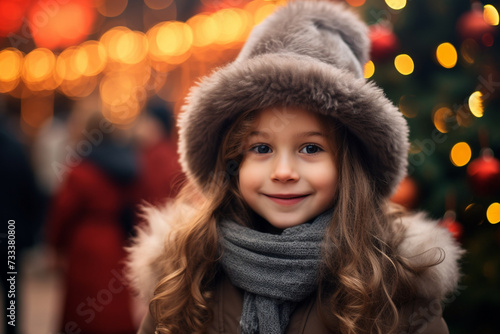 Little girl with hat and coat on a christmass tree background close up photo © Ovidiu