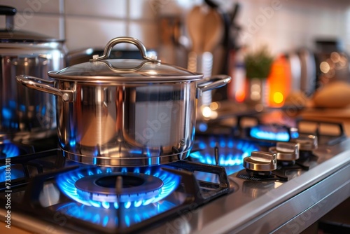 A bustling kitchen scene as a small saucepan simmers on the gas cooktop, filling the cozy indoor space with the comforting aromas of home cooking