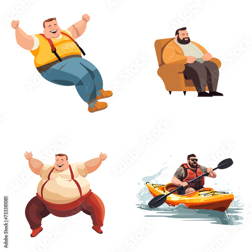 set of fat overweight plus size xxl obese men in doing different activities